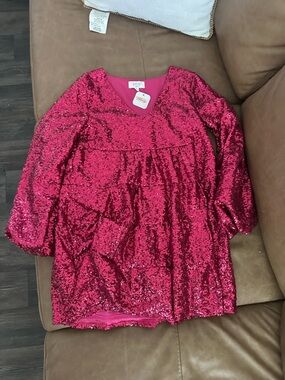 Lulu's Hot Pink Sequin Long Sleeve Dress